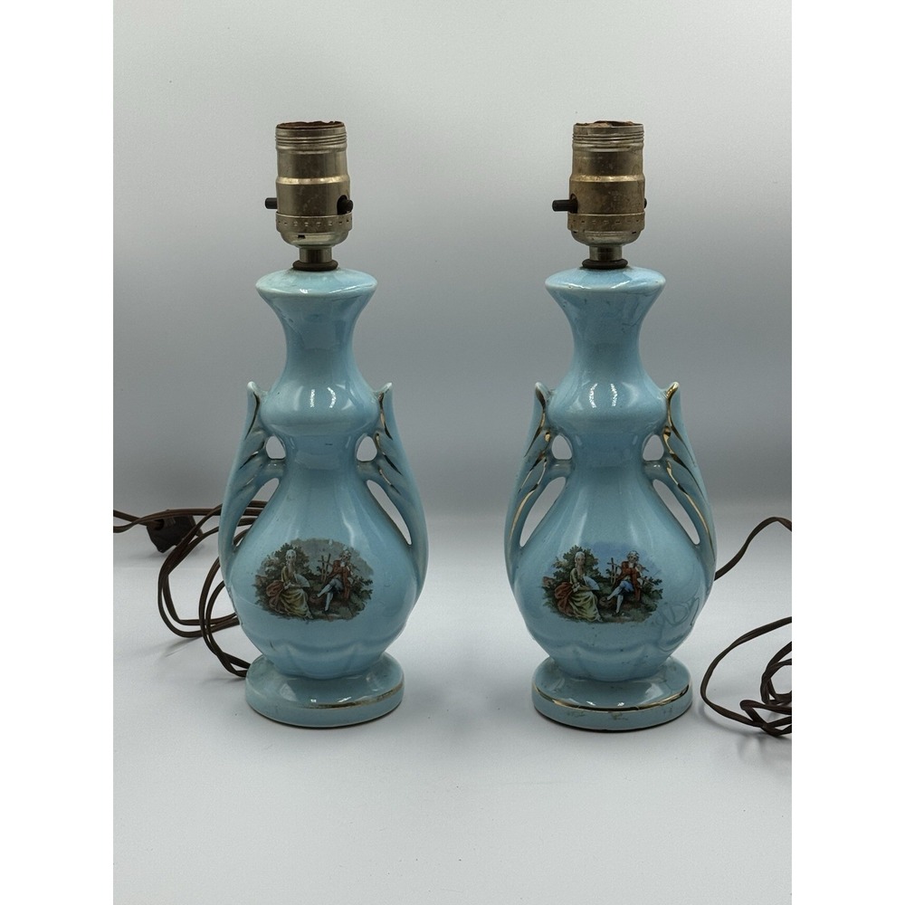Vintage Blue Porcelain Vanity Lamps Pair Victorian Scene Gold Trim Tested Works